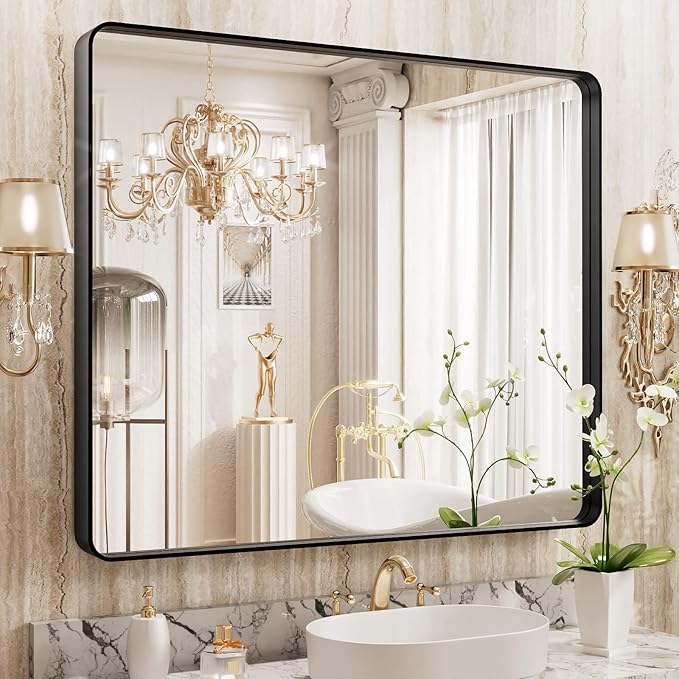 WEER Black Bathroom Mirror, 40X32 Inch Rectangular Matte Black Metal Framed by WEER