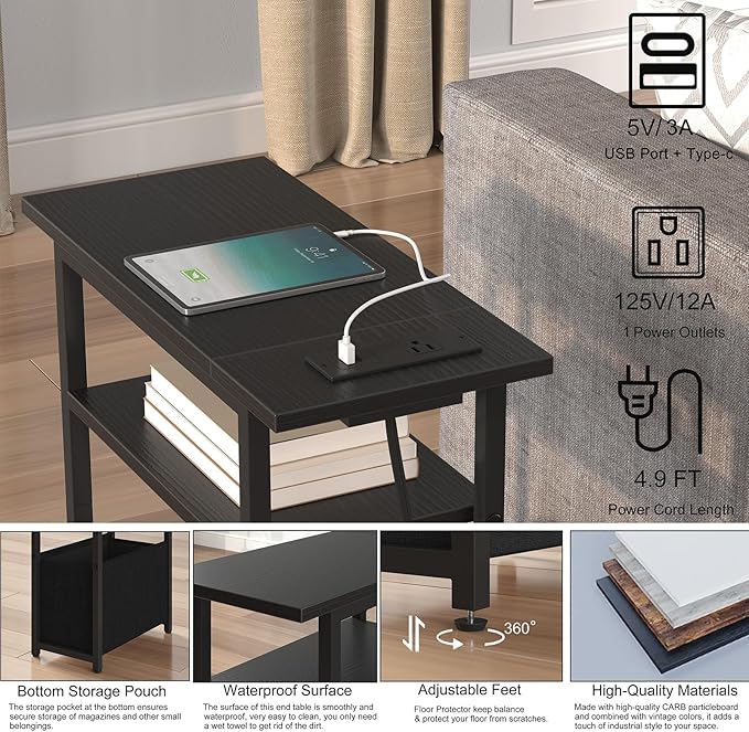 Narrow Side Table with Charging Station, Small End Table - Image 5