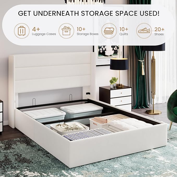SHA CERLIN Queen Size Lift Up Storage Bed/Velvet Upholstered/Modern Wingback - Image 3