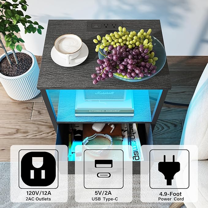 TUTOTAK LED End Table with Charging Station, Night Stand, Side Table with 2 USB - Image 4