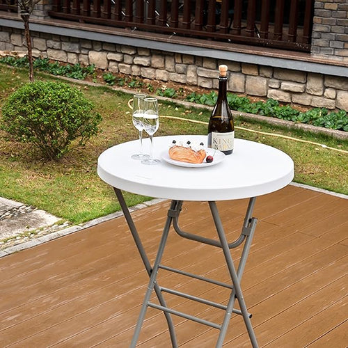 28in Cocktail Table White High Top Folding, Round Portable Bar Height Folding - Image 2