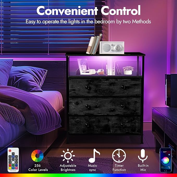 3 Drawers Dresser with Charging Station, 24 Inch Wide LED Night Stand Set 2 - Image 5
