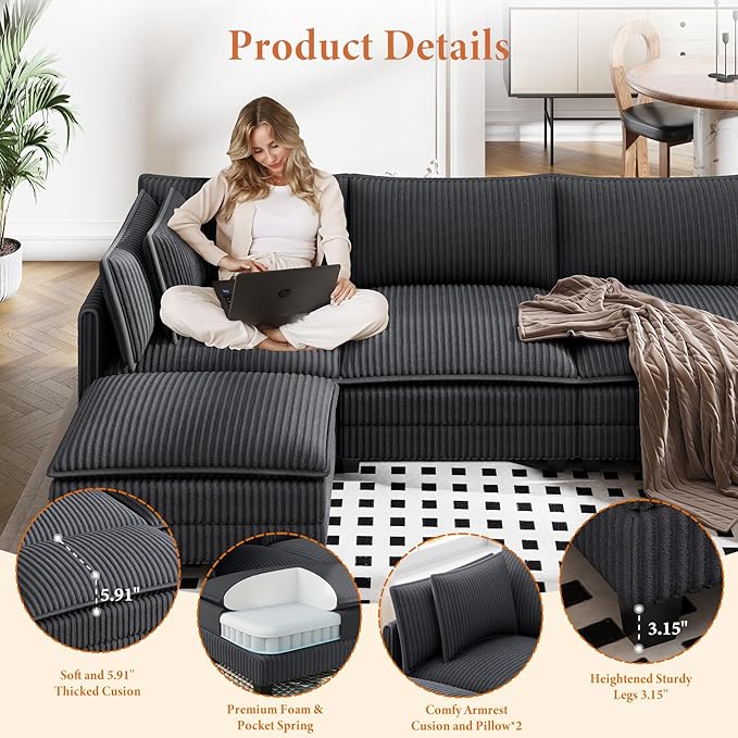Vesgantti 143" L Shaped Modular Sectional Sofa, Comfy Corduroy Upholstered - Image 3