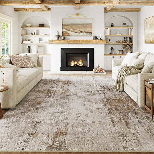 12x15 Washable Area Rug Brown Grey Abstract Neutral Living Room Bedroom Large by WondRg