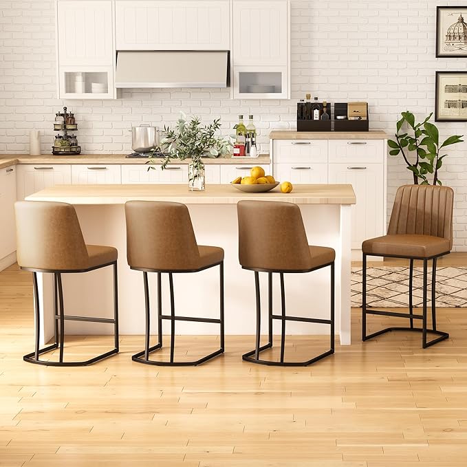 Bar Stools Set of 4, Faux Leather Counter Height Barstools, Upholstered Kitchen by ErdoruLiving
