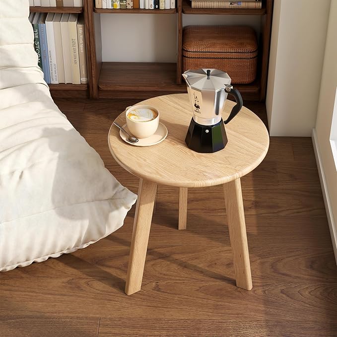 100% Solid Oak Round Side Table Set of 2, Small Bedside Table - Image 7