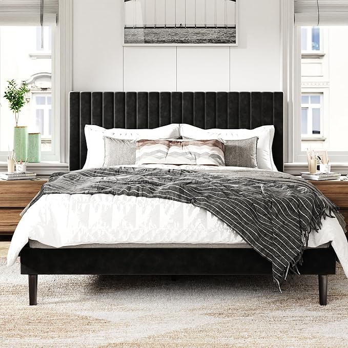 Full Size Bed Frame with Velvet Upholstered Headboard, Platform Bed with Strong by SISMPLLY