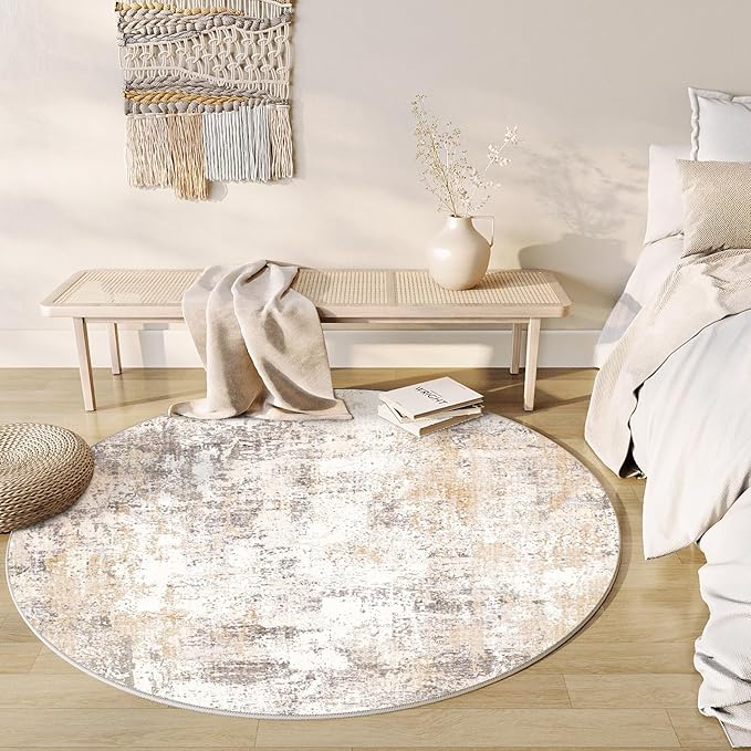 6x6 Washable Round Rug Beige Grey Neutral Abstract Living Room Bedroom Area Rug by WondRg