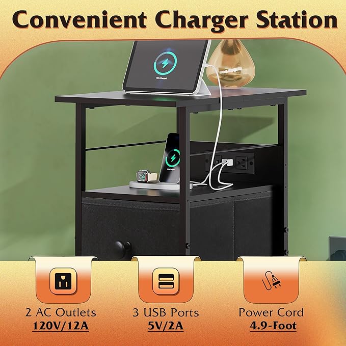 WLIVE Narrow Side Table with Charging Station, End Table with LED Light - Image 5