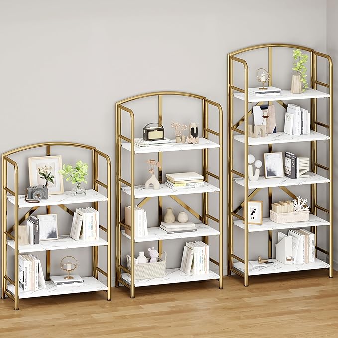 No-Assembly Folding Gold Bookshelf Storage Shelves 5 Tiers Vintage - Image 5