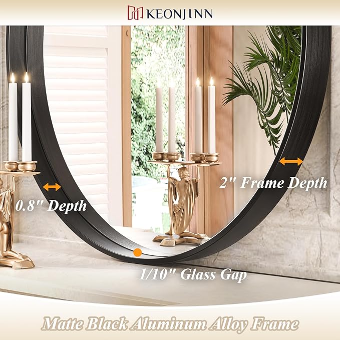 Keonjinn Black Round Mirror 24 Inch, Brushed Black Framed Circle Mirror - Image 3