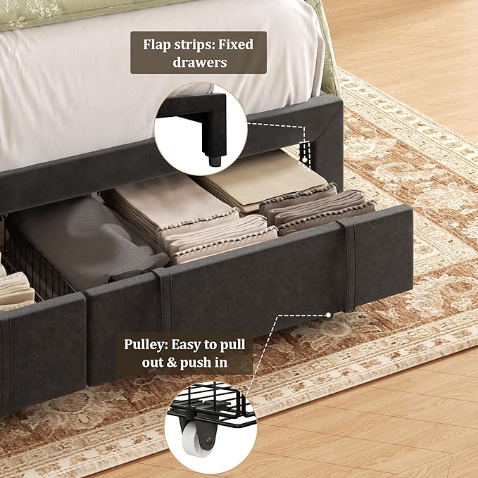 King Bed Frame with Storage Drawers, Upholstered Platform Bed with Headboard - Image 5