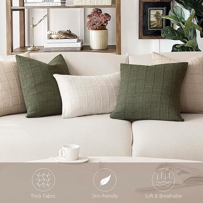 Foindtower Set of 2 Decorative Linen Check Throw Pillow Covers Neutral - Image 6