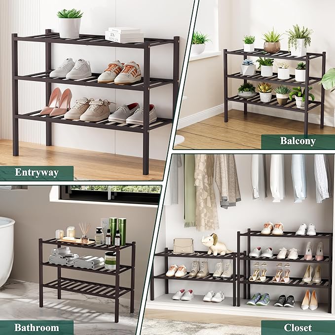 Smiry Shoe Rack, 3 Tier Bamboo Shoe Organizer, Stackable Free Standing Wooden - Image 7