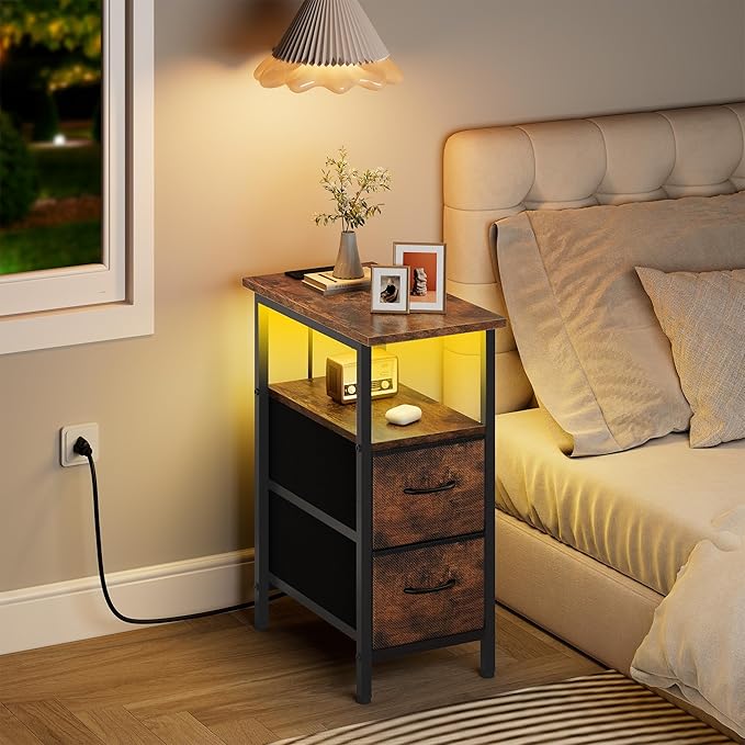 Vagusicc Nightstand with Charging Station and LED Lights, Narrow Side Table - Image 2