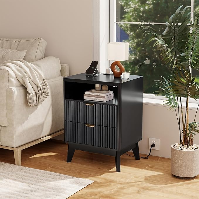 Fluted Nightstand with Charging Station, 19.7 inch Wide End Table with 2 Drawers - Image 7