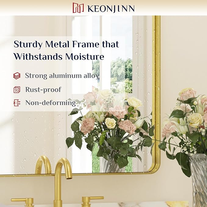 Keonjinn Gold Mirrors for Bathroom Sink, 30 x 36 Inch Rounded Rectangle Brushed - Image 9