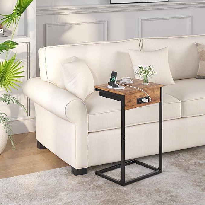 C Shaped End Table with Charging Station, 45° Tiltable Adjustable Flip Top - Image 6
