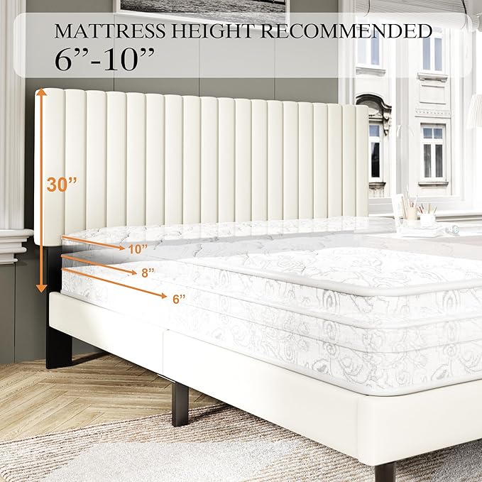 King Size Bed Frame with Velvet Upholstered Headboard, Platform Bed with Strong - Image 7
