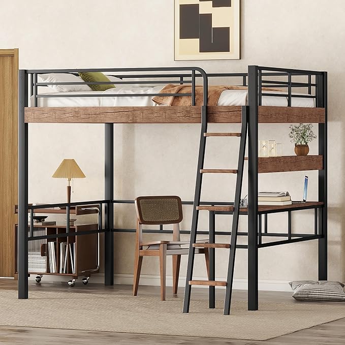 Metal Full Size Loft Bed with Built-in Desk, Storage Shelf and Ladder, - Image 4
