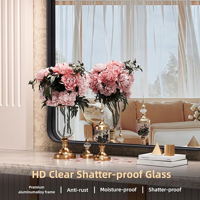 Hasipu Black Bathroom Mirror 59x39 Inch Rounded Rectangle Vanity Mirror Metal - Image 4