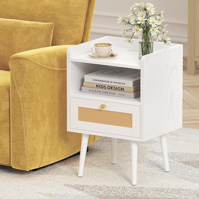 Nightstand Rattan with Charging Station, Mid Century Modern Bed Side Table - Image 9