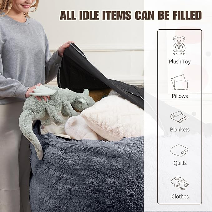 Bean Bag Chair Cover Soft Faux Fur Stuffed Animal Bean Bag Storage, Fluffy - Image 3