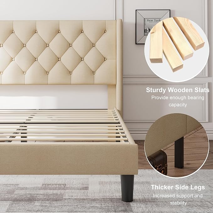 Feonase Queen Bed Frame with Diamond Tufted Wingback Headboard, Morden - Image 5