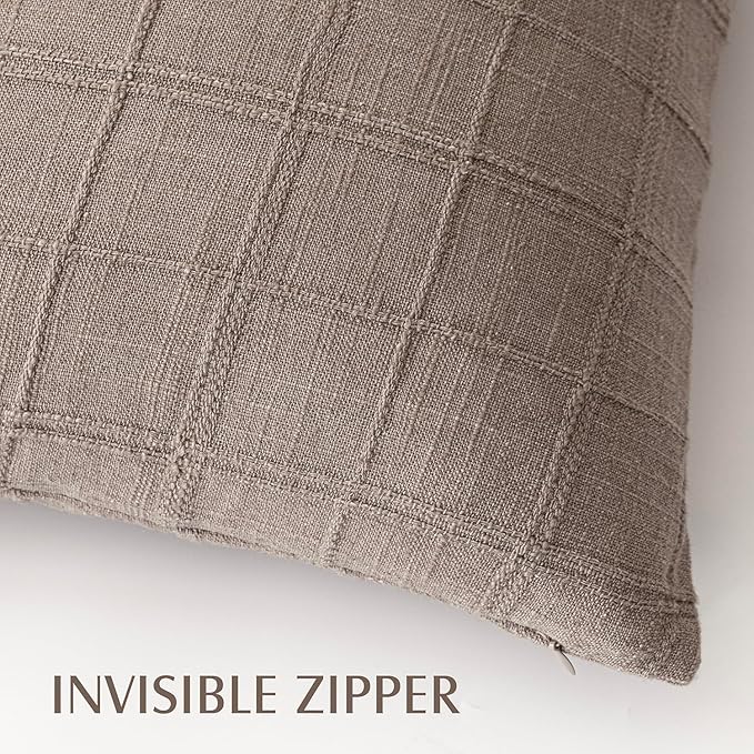 Foindtower Set of 2 Decorative Linen Check Throw Pillow Covers Neutral Long - Image 3