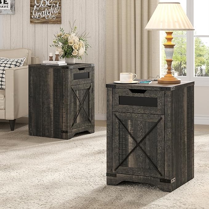 Farmhouse End Table with Charging Station, 26.4" Tall Rustic Nightstand with - Image 8