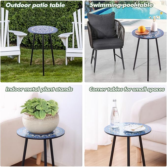 2 Packs Metal Mosaic Round Side Table 13.4" Small Outdoor Patio Round Accent - Image 6