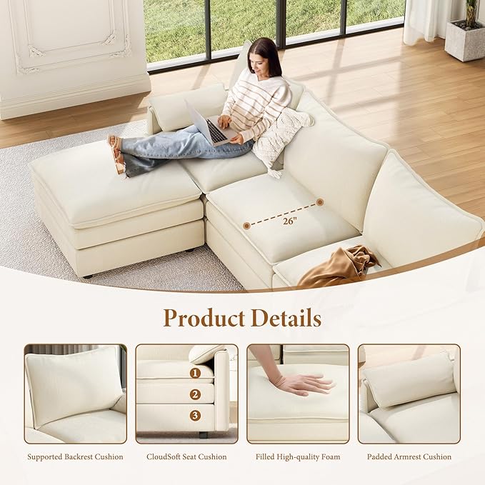 Vesgantti 142" U Shaped Sectional Couch, Comfy Cloud Modular Sectional Sofa - Image 3
