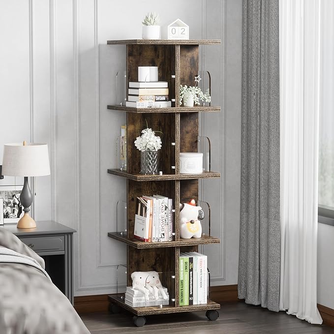 VECELO Rotating Bookshelf with Brake Wheels, 360°Display 4 Tier Floor Stackable - Image 5