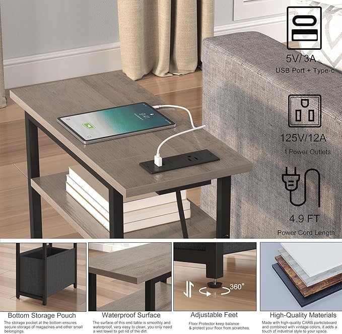 Narrow Side Table with Charging Station Set of 2, Small End Table - Image 5