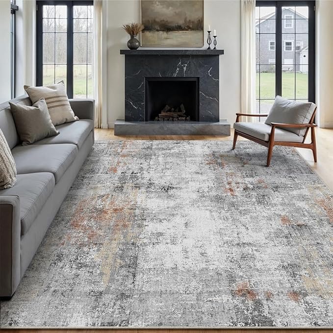 9x12 Washable Area Rug Grey Rust Modern Neutral Abstract Living Room Bedroom - Image 5