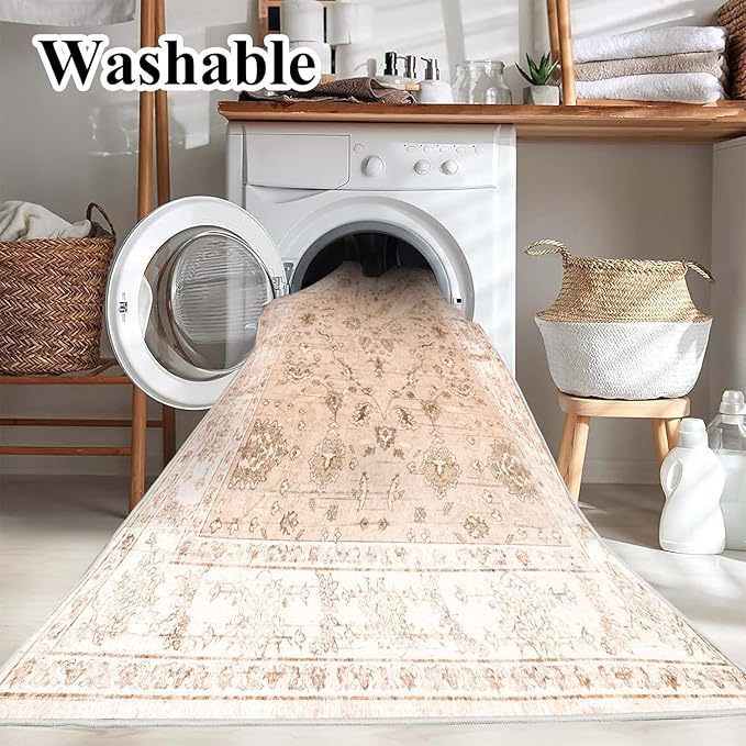 Area Rug 8x10 Washable Rug Tangerine Vintage Traditional Mat Distressed Indoor - Image 3