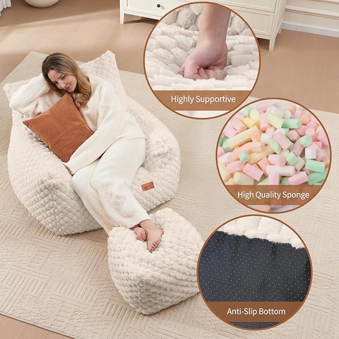 Bean Bag Chair with Ottoman, Modern Giant Bean Bag Couch Sofa with Footstool - Image 6