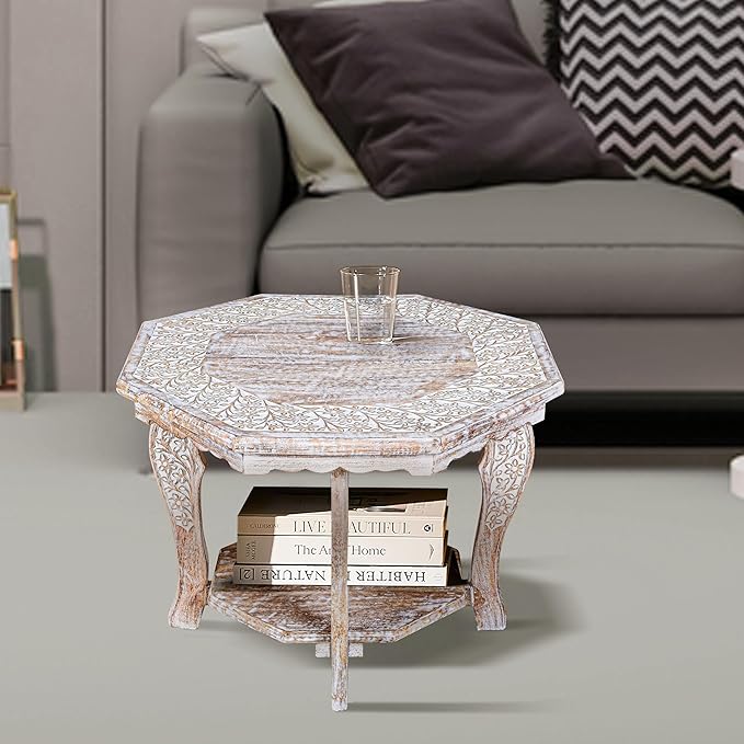 Farmhouse Carved Octagonal End Table – Rustic Accent Side Table - Image 7
