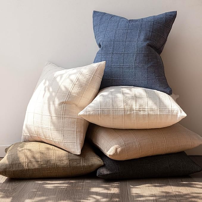 Foindtower Set of 2 Decorative Linen Check Throw Pillow Covers Neutral Long - Image 7