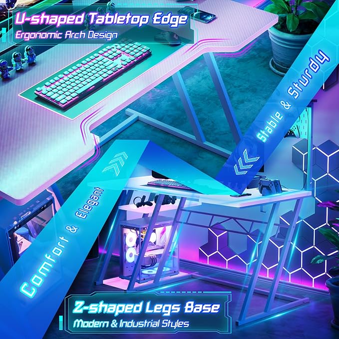 Gaming Computer Desk with Power Outlets, Gaming Desk with Hutch and LED Lights - Image 7