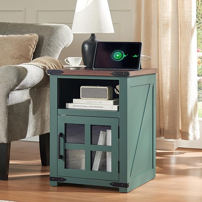 Farmhouse Nightstand with Charging Station, Rustic End Table with Tempered - Image 6