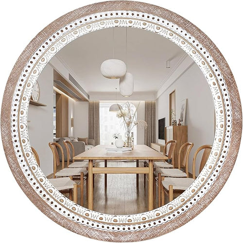 24 Inch Wooden Round Mirror for Wall Decor, Farmhouse Rustic Decorative Circle by ReflintoWallDecor