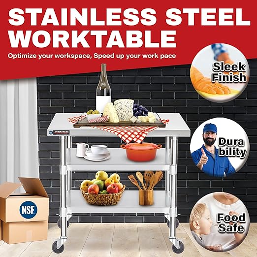 DuraSteel Stainless Steel Work Table 30" x 36" x 34" Height w/ 4 Caster Wheels - Image 3