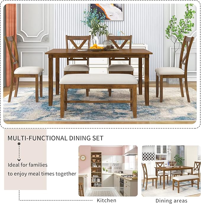 6 Pieces Dining Table Set with 60" Rectangle Kitchen Desk, Living Room - Image 5