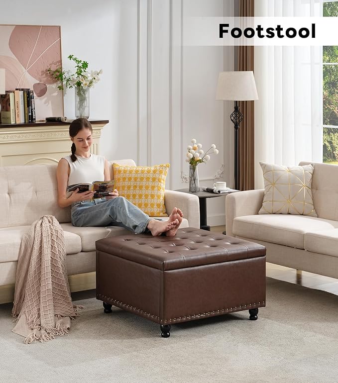 Tbfit Large Square Storage Ottoman Bench, Button Tufted Upholstered Coffee - Image 7