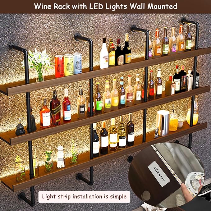 47.2in Large Wine Rack with LED Light Solid Wood Wall Mounted Wine Rack - Image 7