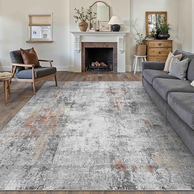 8x10 Washable Area Rug Grey Rust Modern Neutral Abstract Living Room Bedroom - Image 4