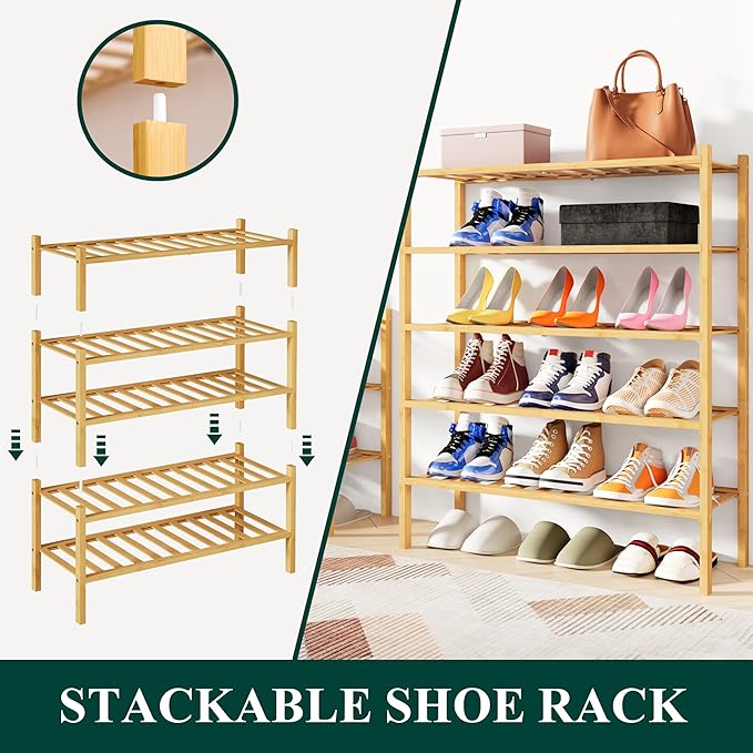Smiry Shoe Rack, 5 Tier Bamboo Shoe Organizer, Stackable Free Standing Wooden - Image 4