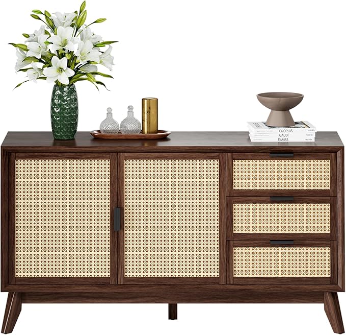 Bme Jasper Sideboard with 3 Drawers & 2 Rattan Doors, Buffet Cabinet with - Image 5