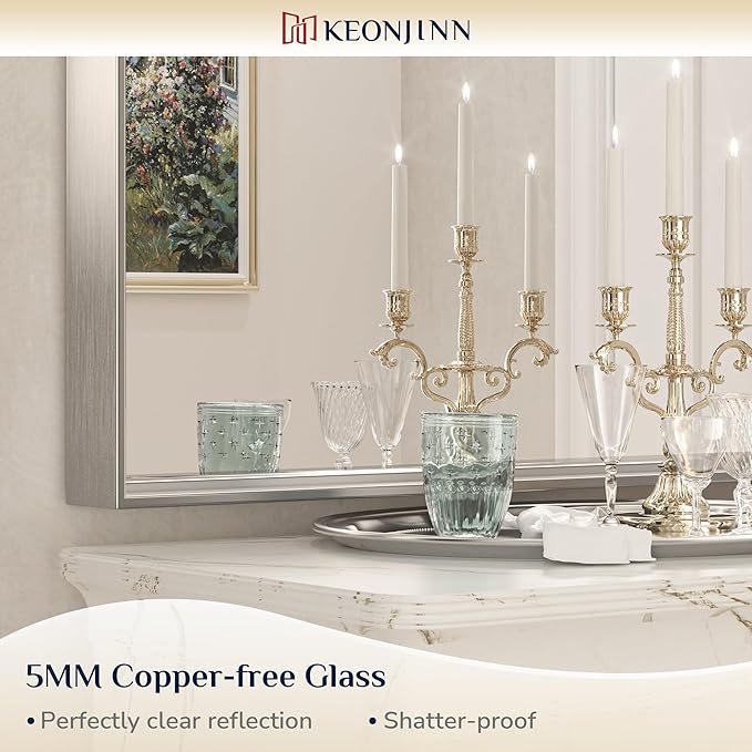 Keonjinn Brushed Nickel Bathroom Mirror 60 x 40 in Rectangle Frame Mirror - Image 5